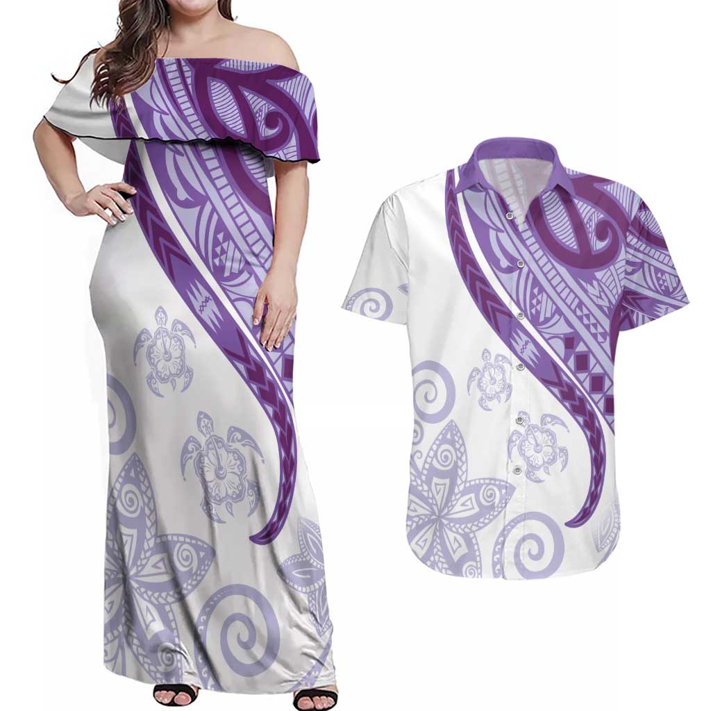 Purple Polynesian Tribal Turtle Floral Pattern Couples Matching Off Shoulder Maxi Dress and Hawaiian Shirt