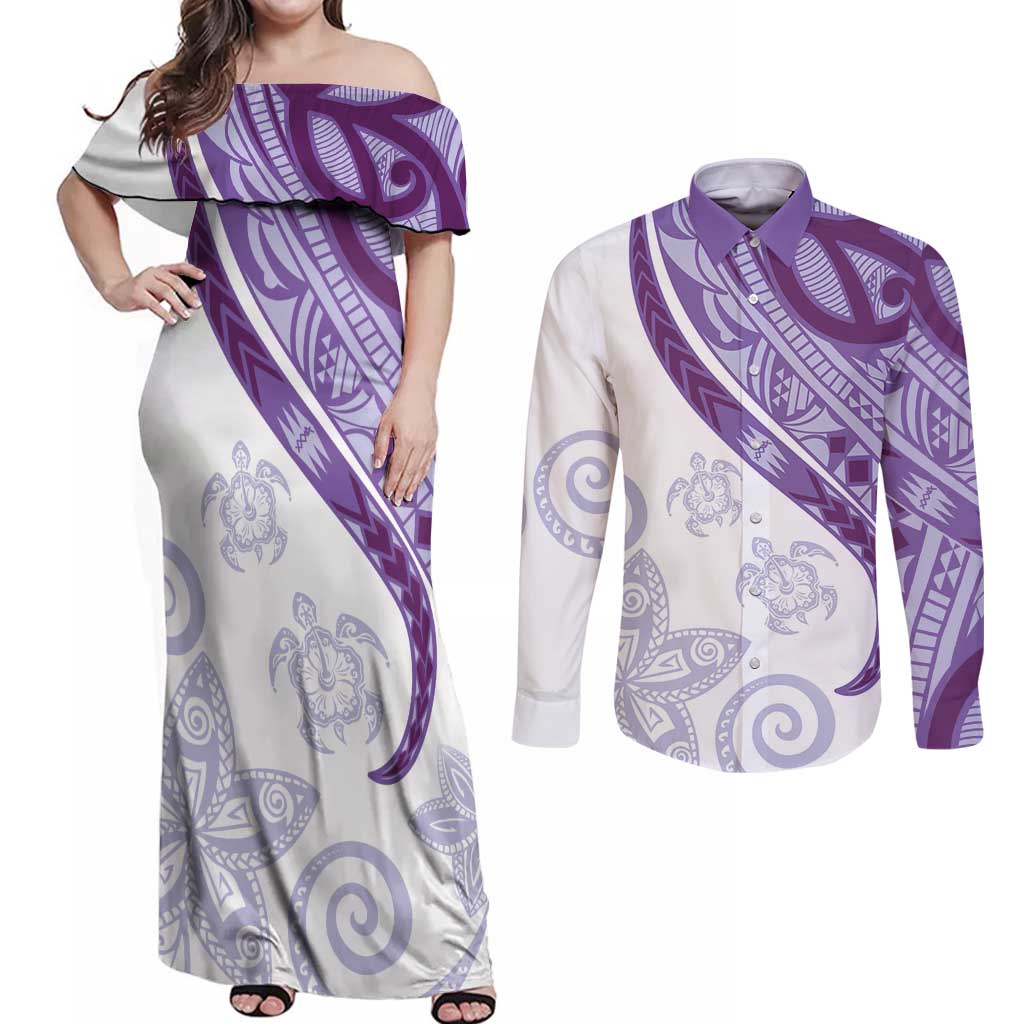 Purple Polynesian Tribal Turtle Floral Pattern Couples Matching Off Shoulder Maxi Dress and Long Sleeve Button Shirt LT05 Purple - Polynesian Pride