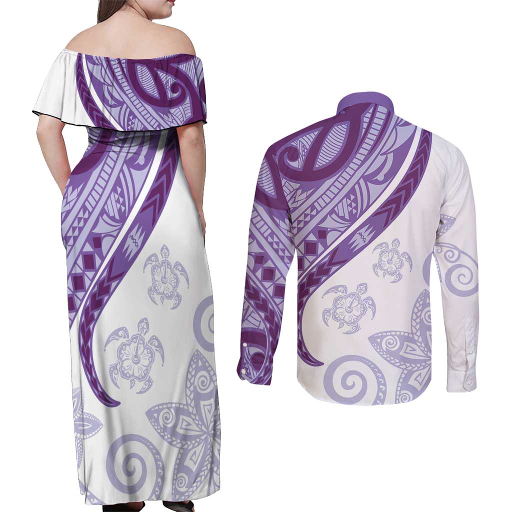 Purple Polynesian Tribal Turtle Floral Pattern Couples Matching Off Shoulder Maxi Dress and Long Sleeve Button Shirt LT05 - Polynesian Pride