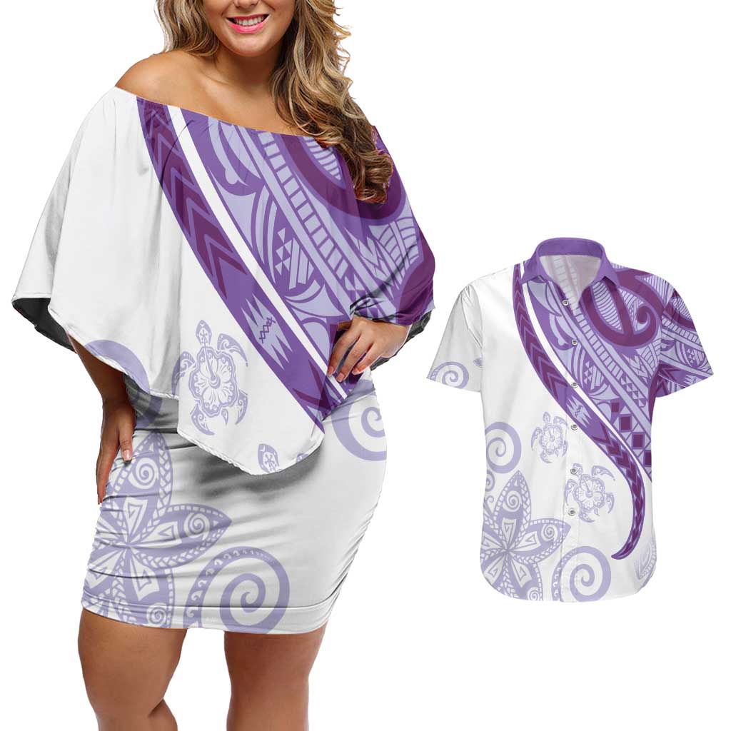 Purple Polynesian Tribal Turtle Floral Pattern Couples Matching Off Shoulder Short Dress and Hawaiian Shirt LT05 Purple - Polynesian Pride