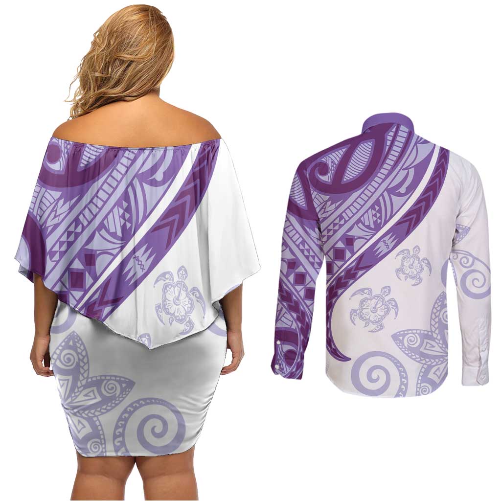 Purple Polynesian Tribal Turtle Floral Pattern Couples Matching Off Shoulder Short Dress and Long Sleeve Button Shirt LT05 - Polynesian Pride