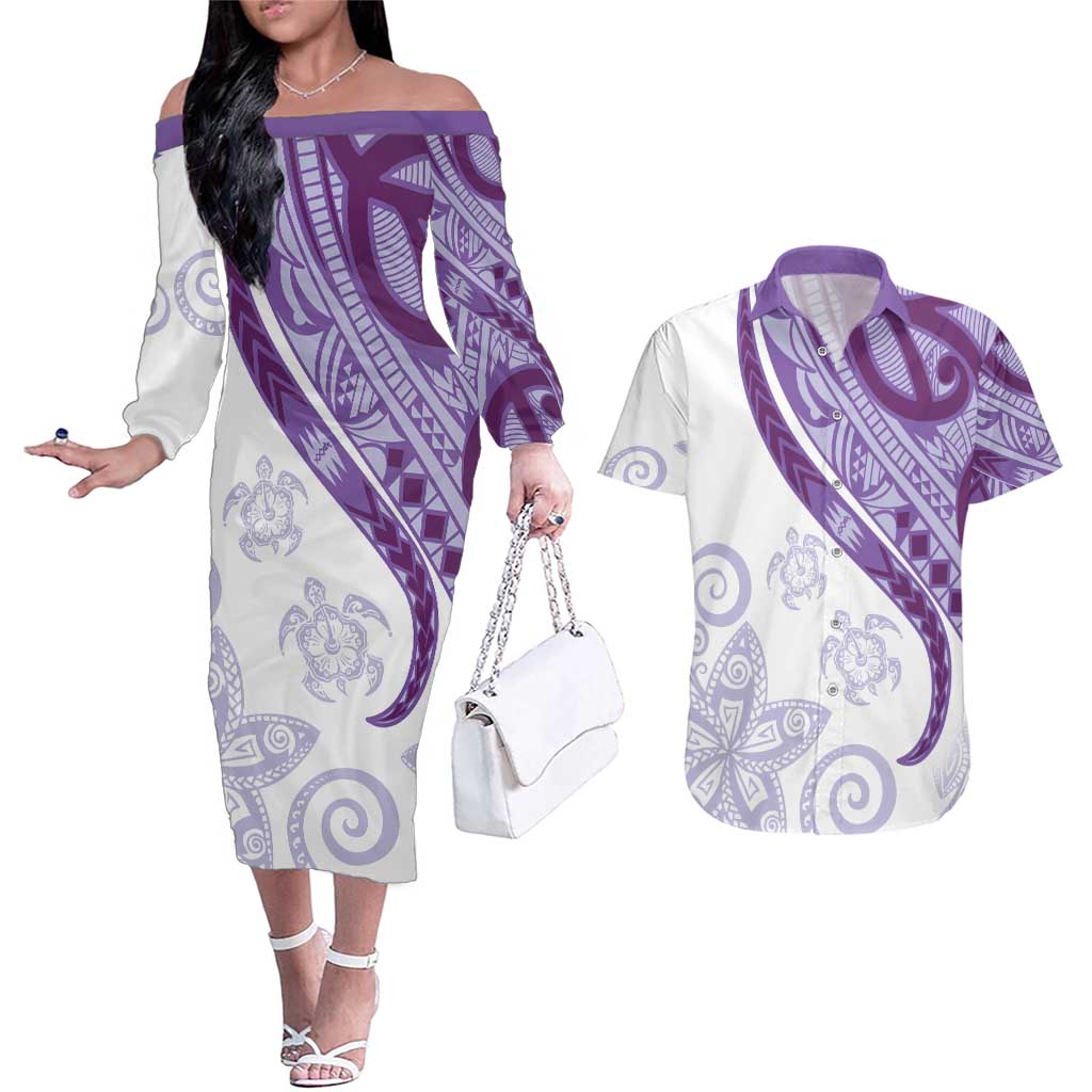 Purple Polynesian Tribal Turtle Floral Pattern Couples Matching Off The Shoulder Long Sleeve Dress and Hawaiian Shirt LT05 Purple - Polynesian Pride