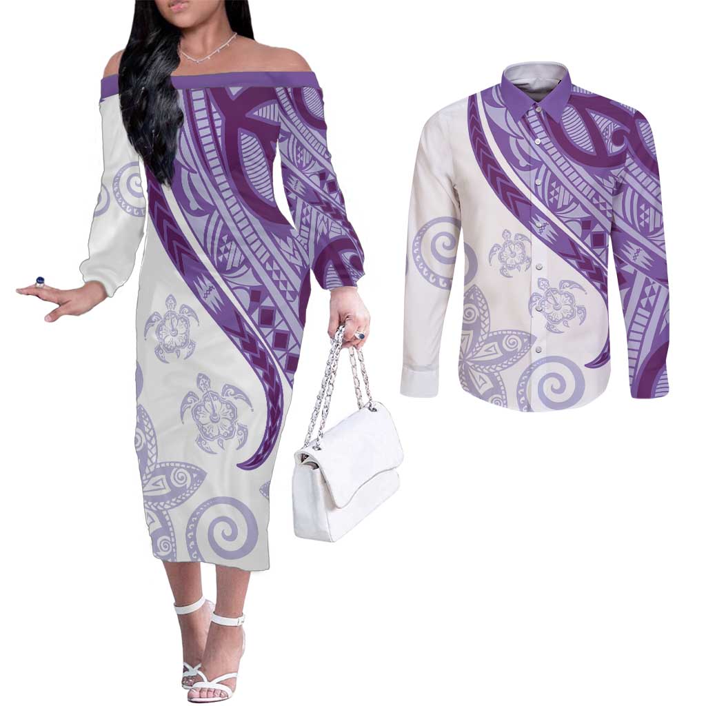 Purple Polynesian Tribal Turtle Floral Pattern Couples Matching Off The Shoulder Long Sleeve Dress and Long Sleeve Button Shirt LT05 Purple - Polynesian Pride