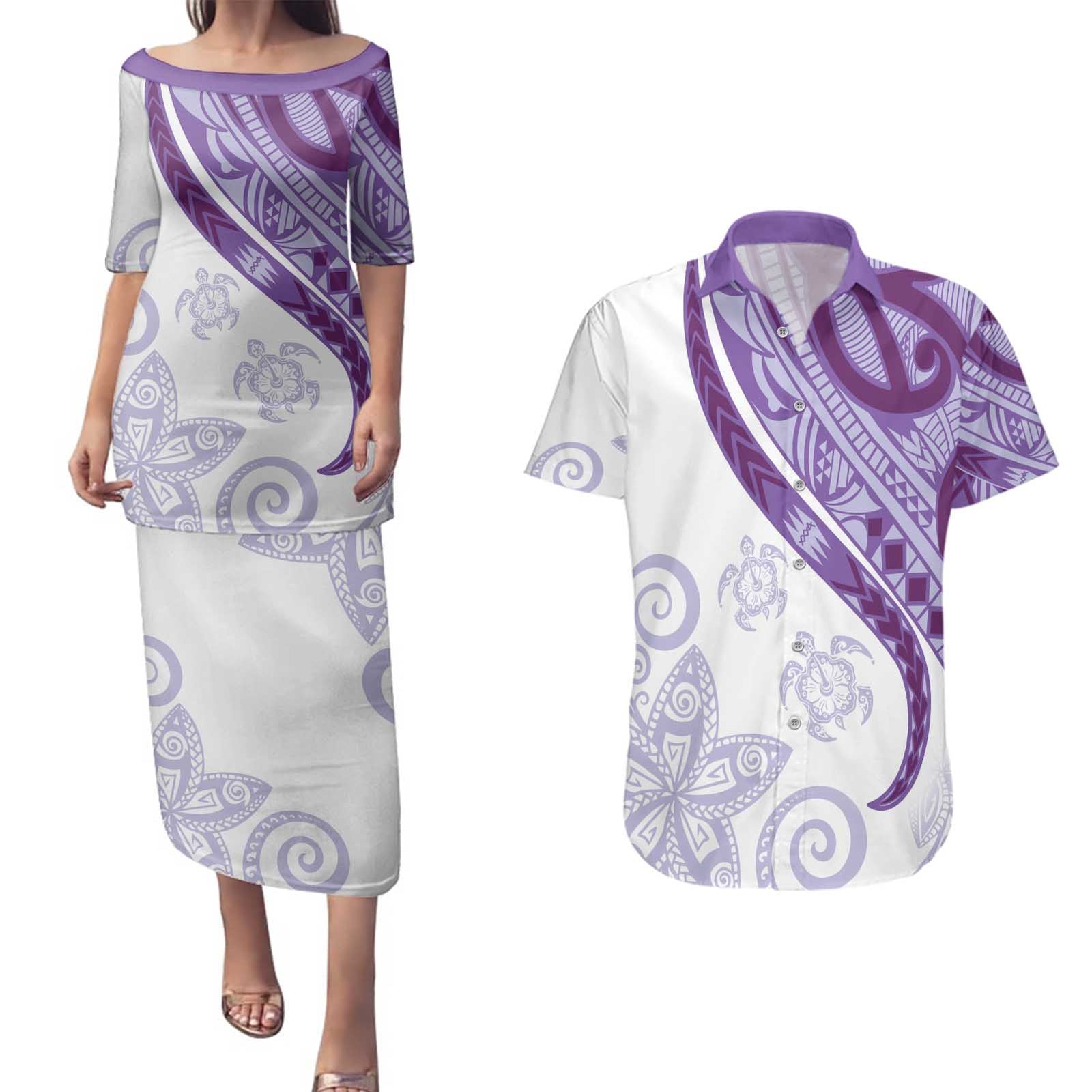 Purple Polynesian Tribal Turtle Floral Pattern Couples Matching Puletasi and Hawaiian Shirt LT05 Purple - Polynesian Pride