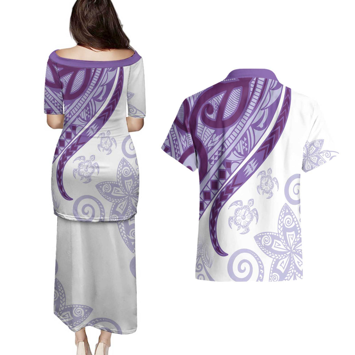 Purple Polynesian Tribal Turtle Floral Pattern Couples Matching Puletasi and Hawaiian Shirt LT05 - Polynesian Pride