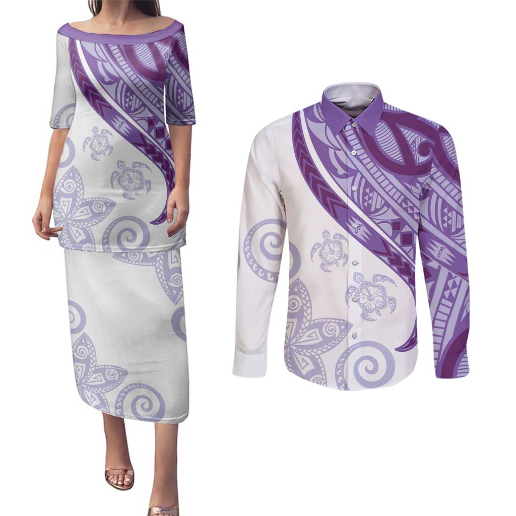 Purple Polynesian Tribal Turtle Floral Pattern Couples Matching Puletasi and Long Sleeve Button Shirt LT05 Purple - Polynesian Pride