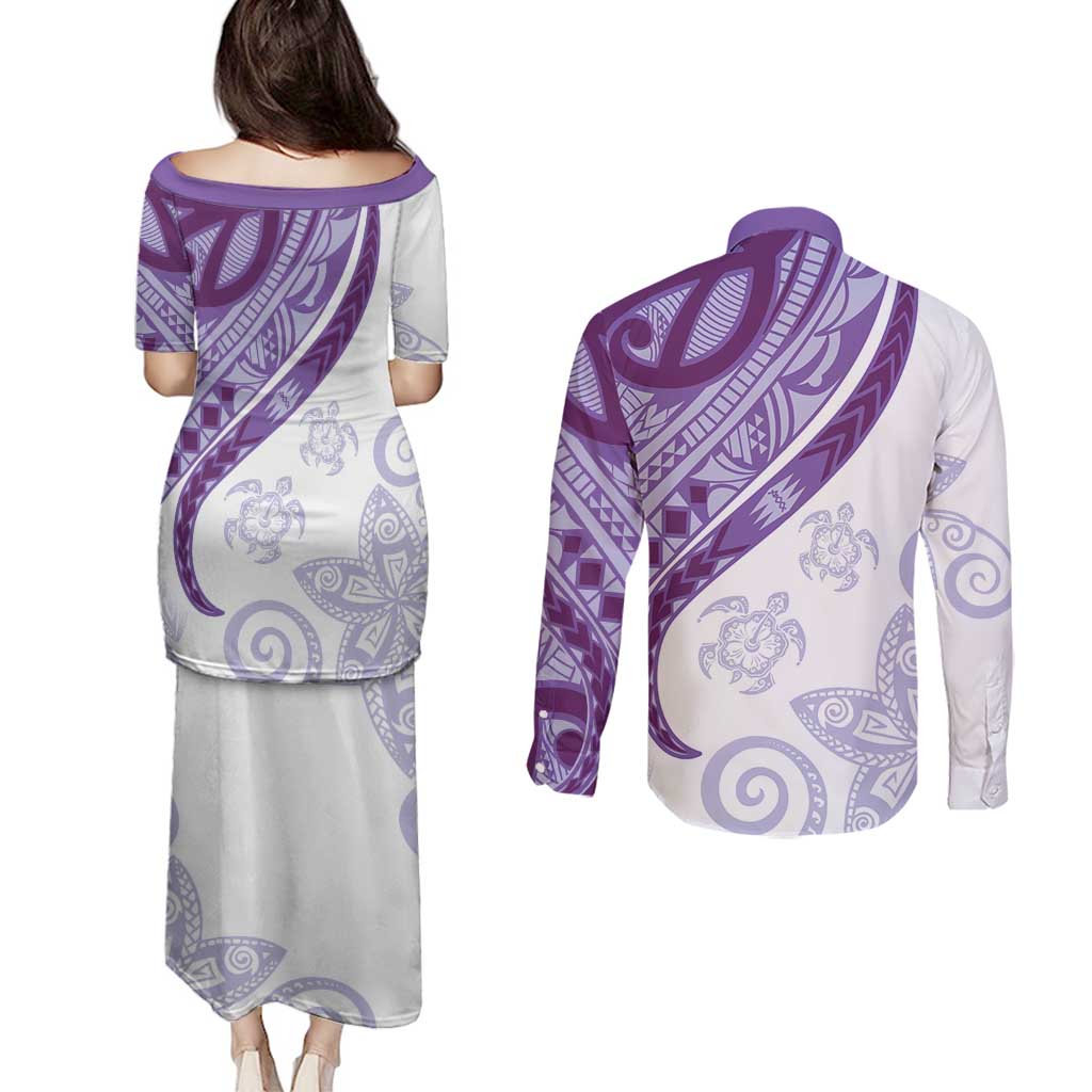 Purple Polynesian Tribal Turtle Floral Pattern Couples Matching Puletasi and Long Sleeve Button Shirt LT05 - Polynesian Pride