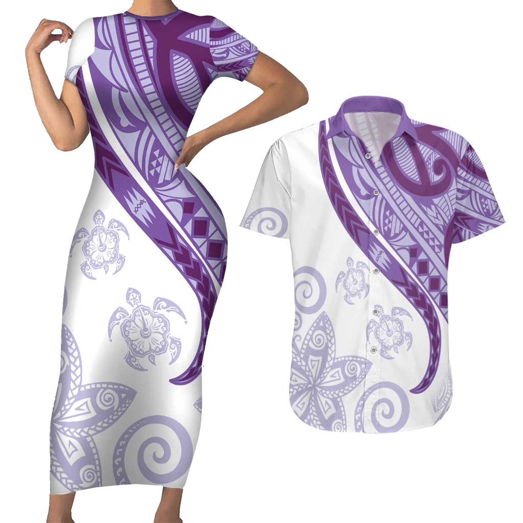 Purple Polynesian Tribal Turtle Floral Pattern Couples Matching Short Sleeve Bodycon Dress and Hawaiian Shirt LT05 Purple - Polynesian Pride