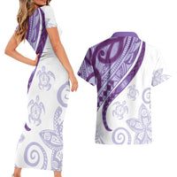 Purple Polynesian Tribal Turtle Floral Pattern Couples Matching Short Sleeve Bodycon Dress and Hawaiian Shirt LT05 - Polynesian Pride