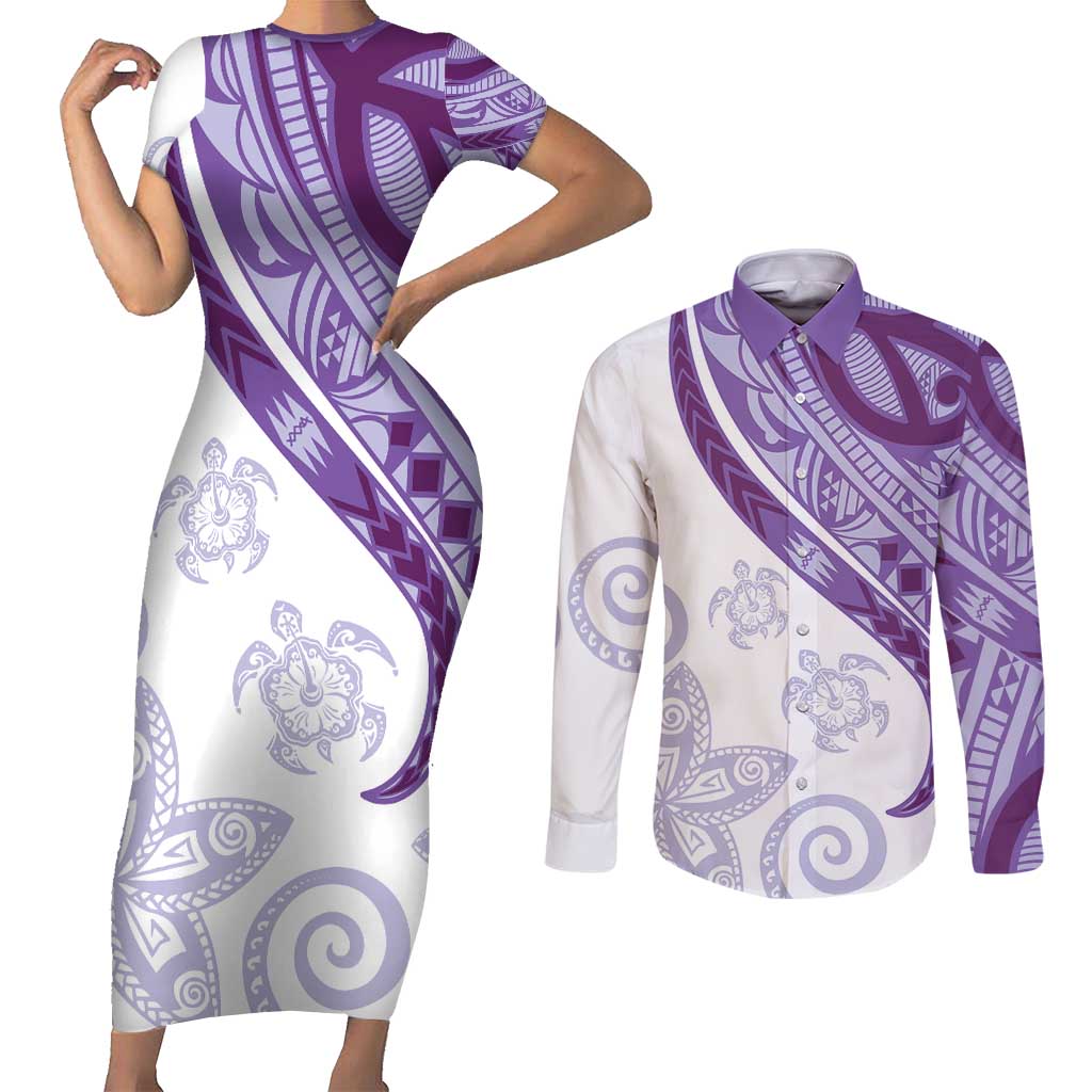 Purple Polynesian Tribal Turtle Floral Pattern Couples Matching Short Sleeve Bodycon Dress and Long Sleeve Button Shirt LT05 Purple - Polynesian Pride