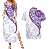 Purple Polynesian Tribal Turtle Floral Pattern Couples Matching Summer Maxi Dress and Hawaiian Shirt LT05 Purple - Polynesian Pride