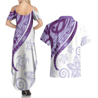 Purple Polynesian Tribal Turtle Floral Pattern Couples Matching Summer Maxi Dress and Hawaiian Shirt LT05 - Polynesian Pride