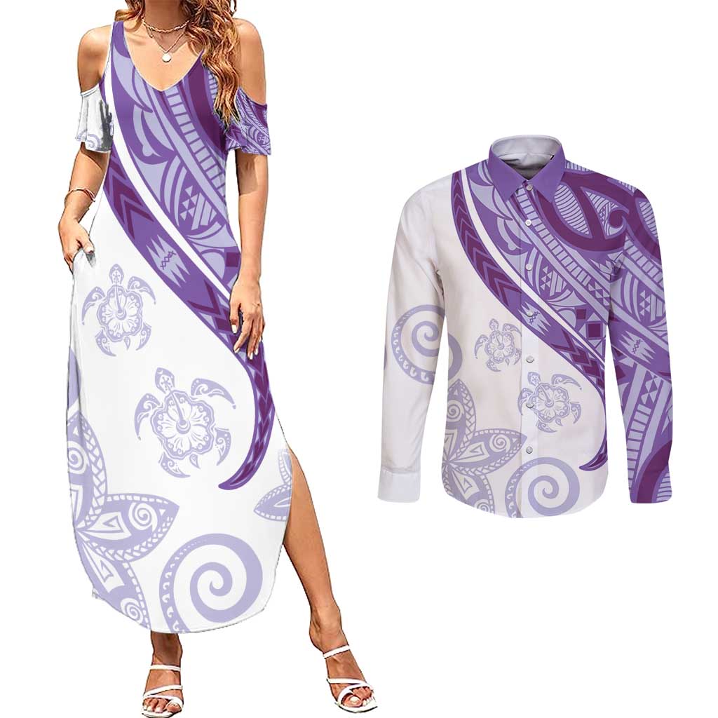 Purple Polynesian Tribal Turtle Floral Pattern Couples Matching Summer Maxi Dress and Long Sleeve Button Shirt LT05 Purple - Polynesian Pride