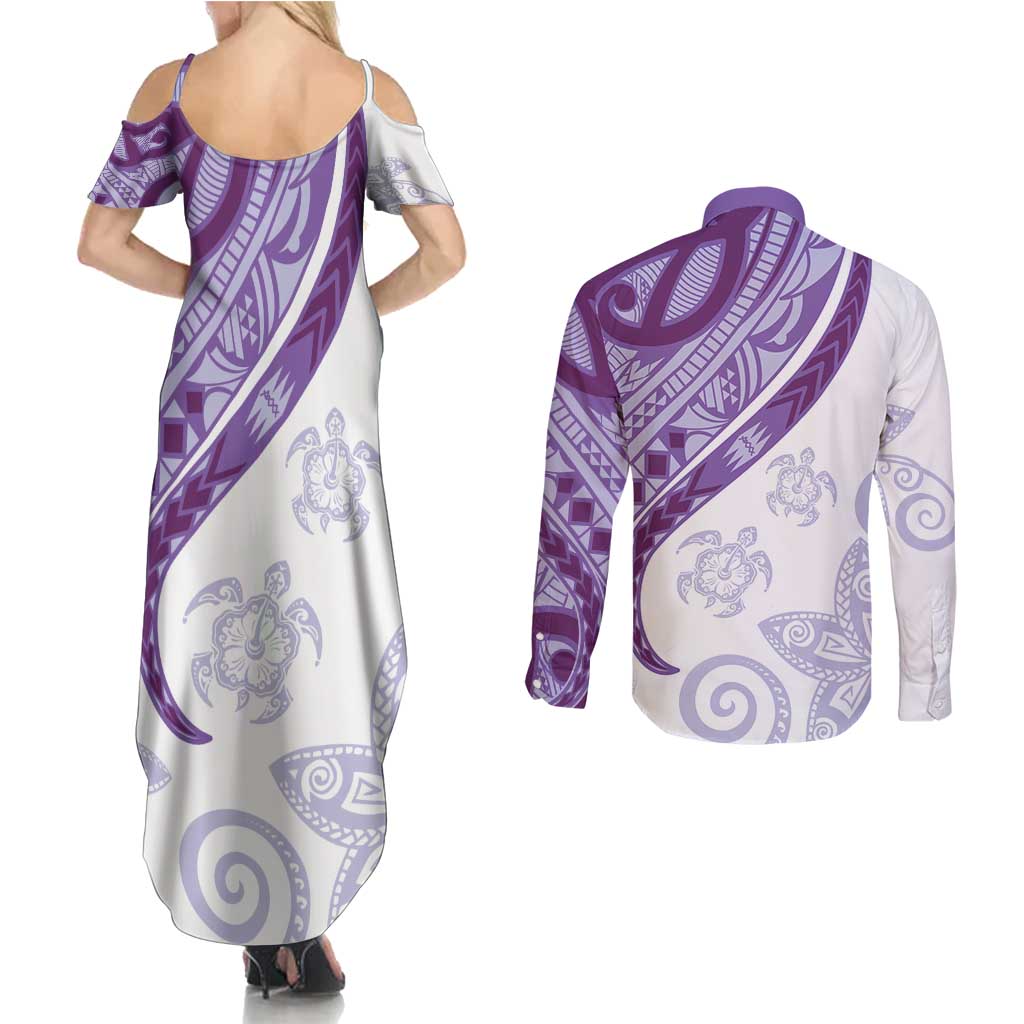 Purple Polynesian Tribal Turtle Floral Pattern Couples Matching Summer Maxi Dress and Long Sleeve Button Shirt LT05 - Polynesian Pride