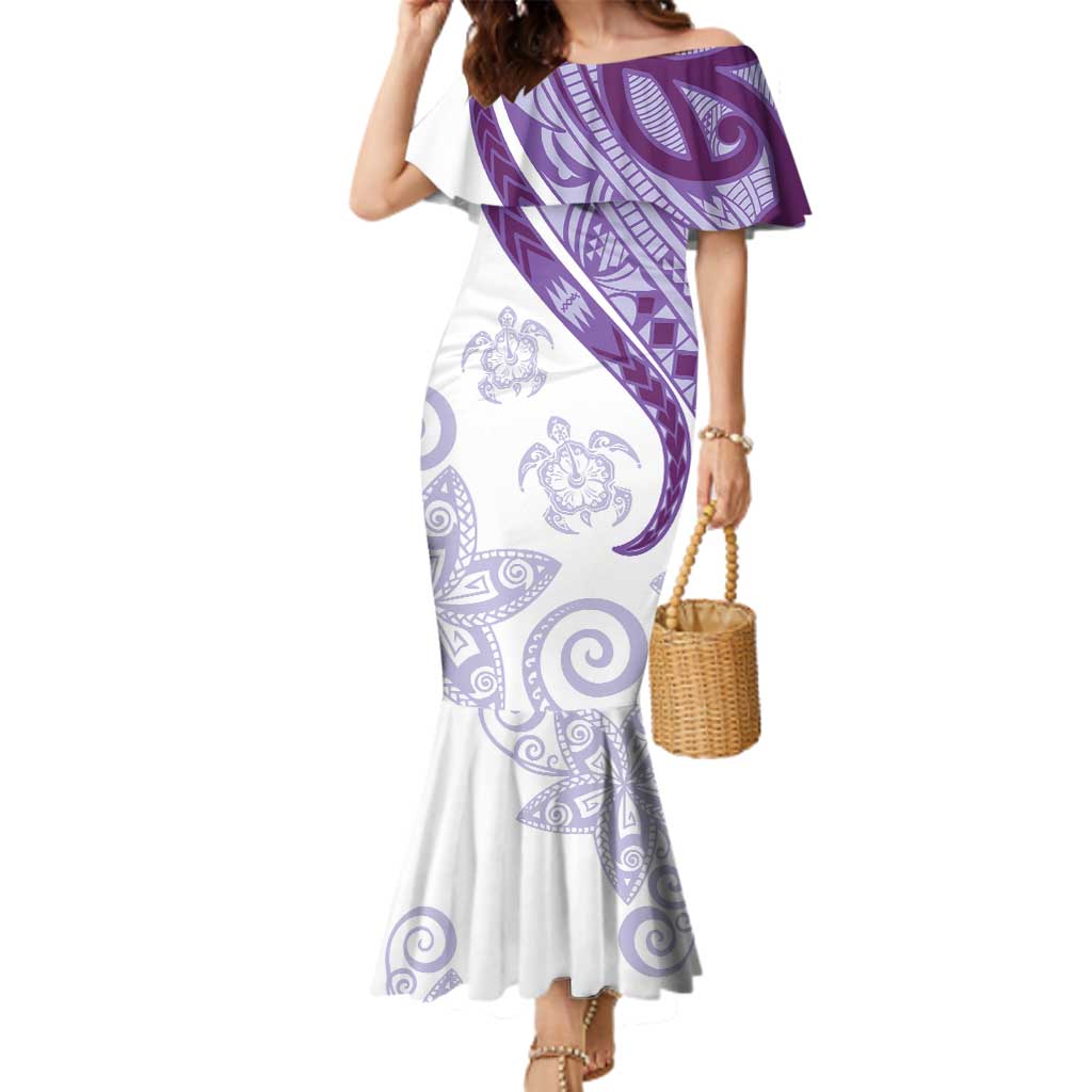 Purple Polynesian Tribal Turtle Floral Pattern Family Matching Mermaid Dress and Hawaiian Shirt