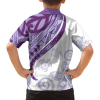 Purple Polynesian Tribal Turtle Floral Pattern Family Matching Off The Shoulder Long Sleeve Dress and Hawaiian Shirt
