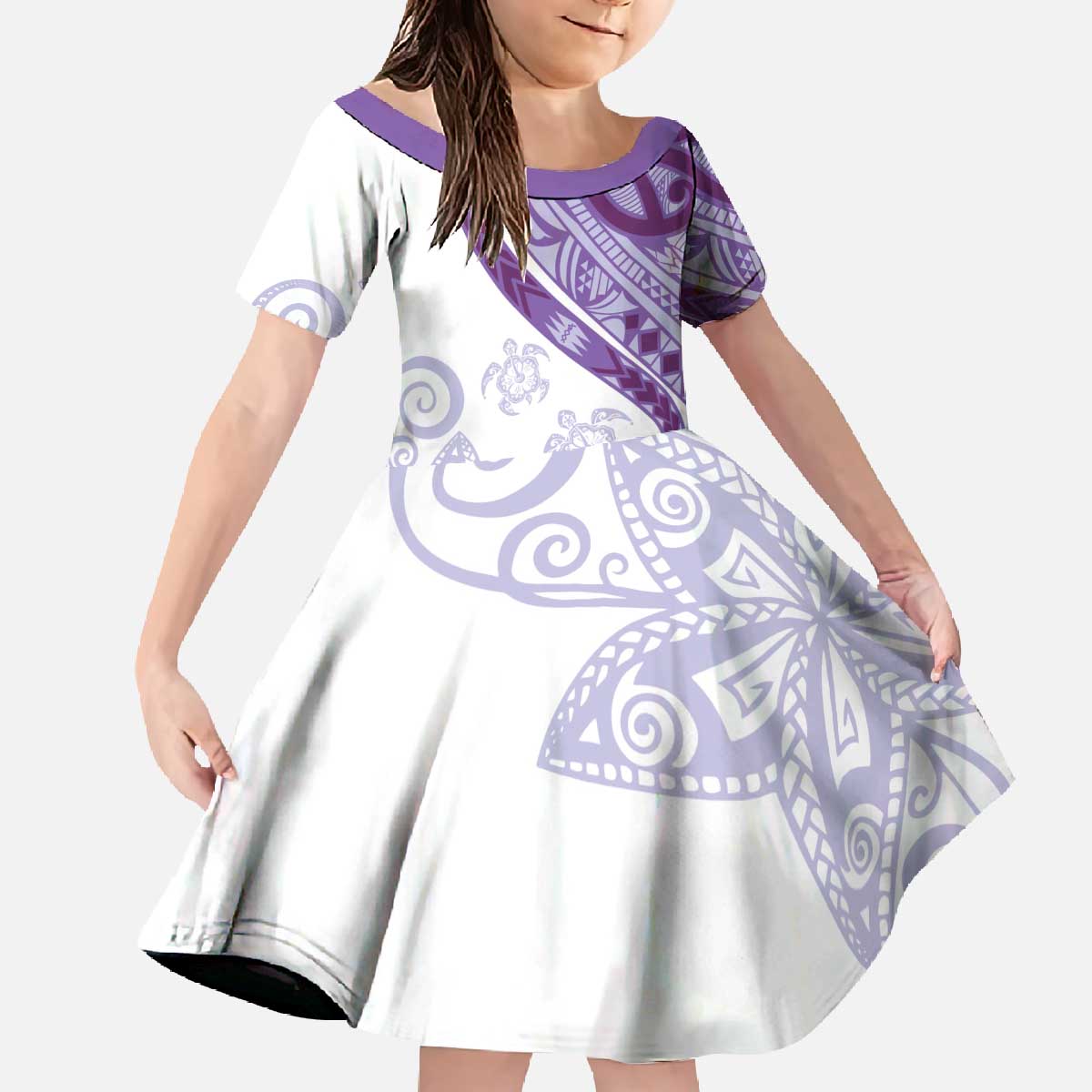 Purple Polynesian Tribal Turtle Floral Pattern Family Matching Off The Shoulder Long Sleeve Dress and Hawaiian Shirt