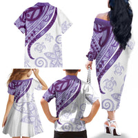 Purple Polynesian Tribal Turtle Floral Pattern Family Matching Off The Shoulder Long Sleeve Dress and Hawaiian Shirt