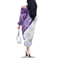 Purple Polynesian Tribal Turtle Floral Pattern Family Matching Off The Shoulder Long Sleeve Dress and Hawaiian Shirt