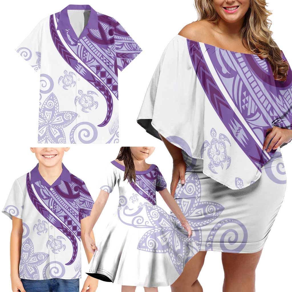 Purple Polynesian Tribal Turtle Floral Pattern Family Matching Off Shoulder Short Dress and Hawaiian Shirt