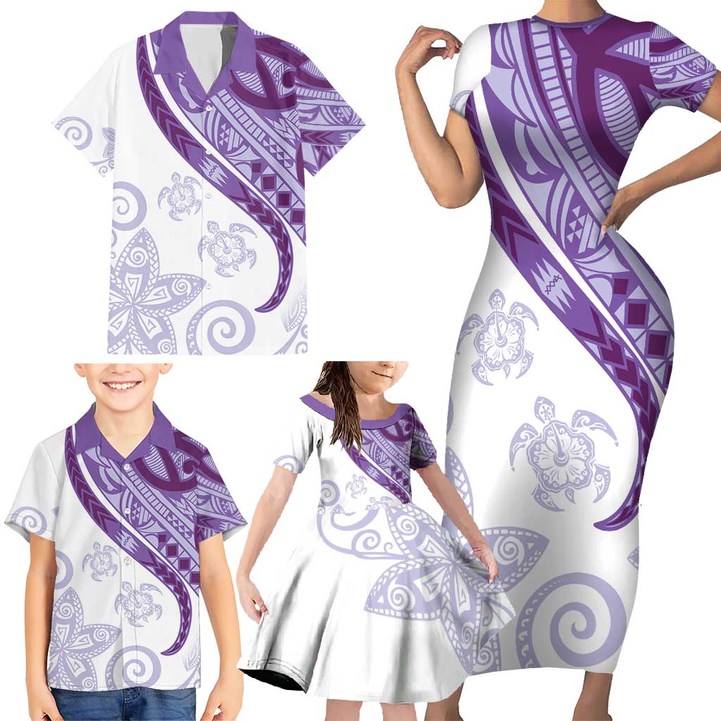 Purple Polynesian Tribal Turtle Floral Pattern Family Matching Short Sleeve Bodycon Dress and Hawaiian Shirt