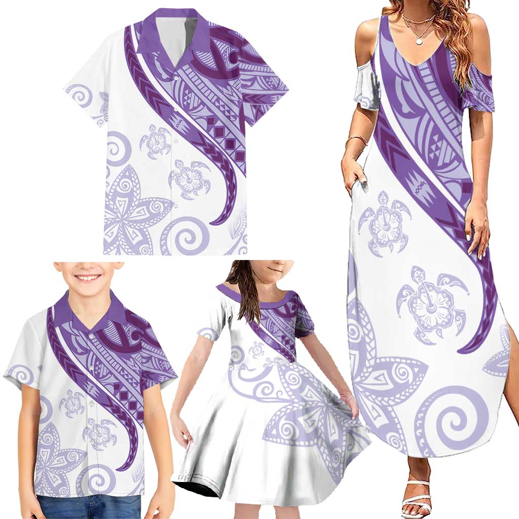 Purple Polynesian Tribal Turtle Floral Pattern Family Matching Summer Maxi Dress and Hawaiian Shirt