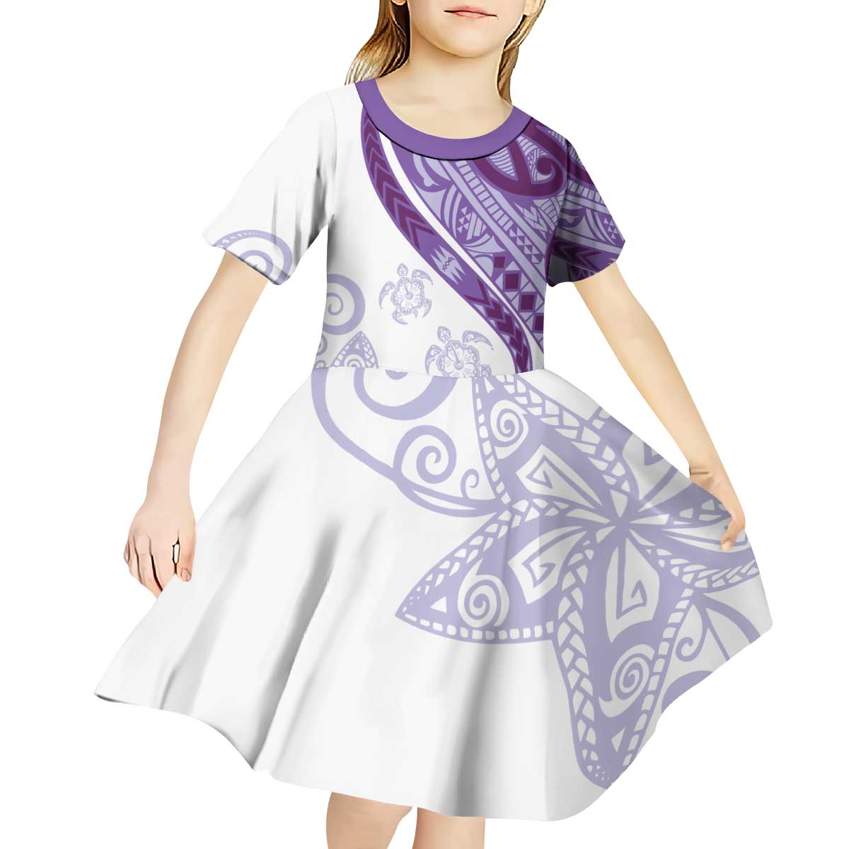 Purple Polynesian Tribal Turtle Floral Pattern Kid Short Sleeve Dress