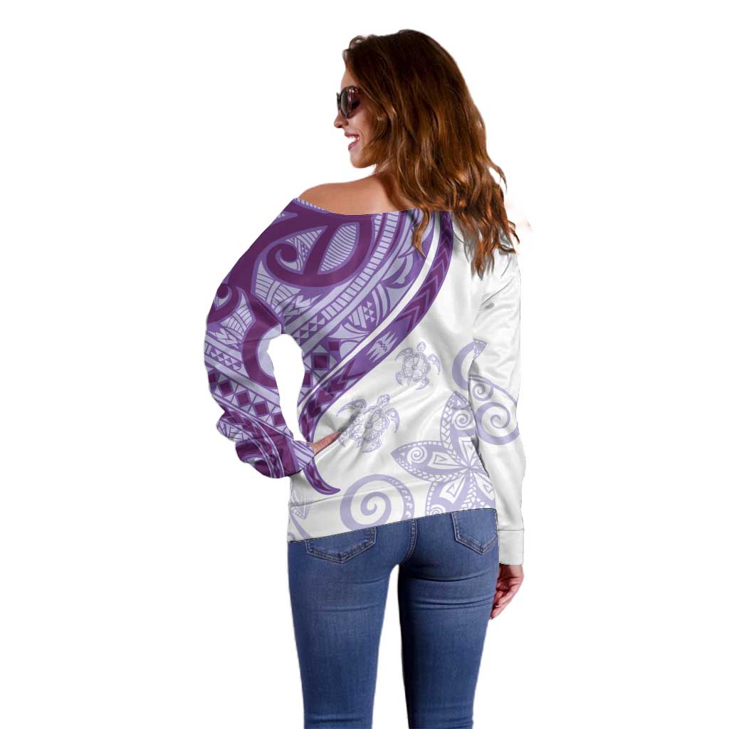 Purple Polynesian Tribal Turtle Floral Pattern Off Shoulder Sweater