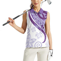 Purple Polynesian Tribal Turtle Floral Pattern Women Sleeveless Polo Shirt