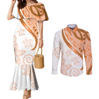 Orange Polynesian Tribal Turtle Floral Pattern Couples Matching Mermaid Dress and Long Sleeve Button Shirt LT05 Orange - Polynesian Pride