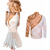 Orange Polynesian Tribal Turtle Floral Pattern Couples Matching Mermaid Dress and Long Sleeve Button Shirt LT05 - Polynesian Pride