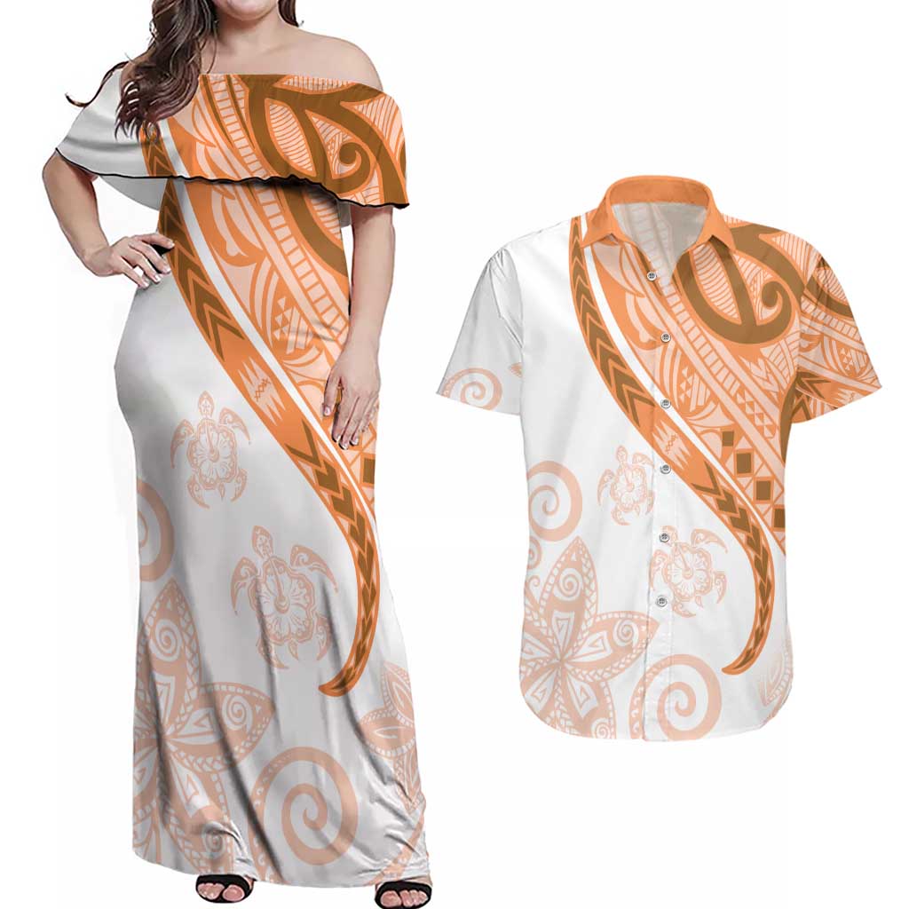 Orange Polynesian Tribal Turtle Floral Pattern Couples Matching Off Shoulder Maxi Dress and Hawaiian Shirt