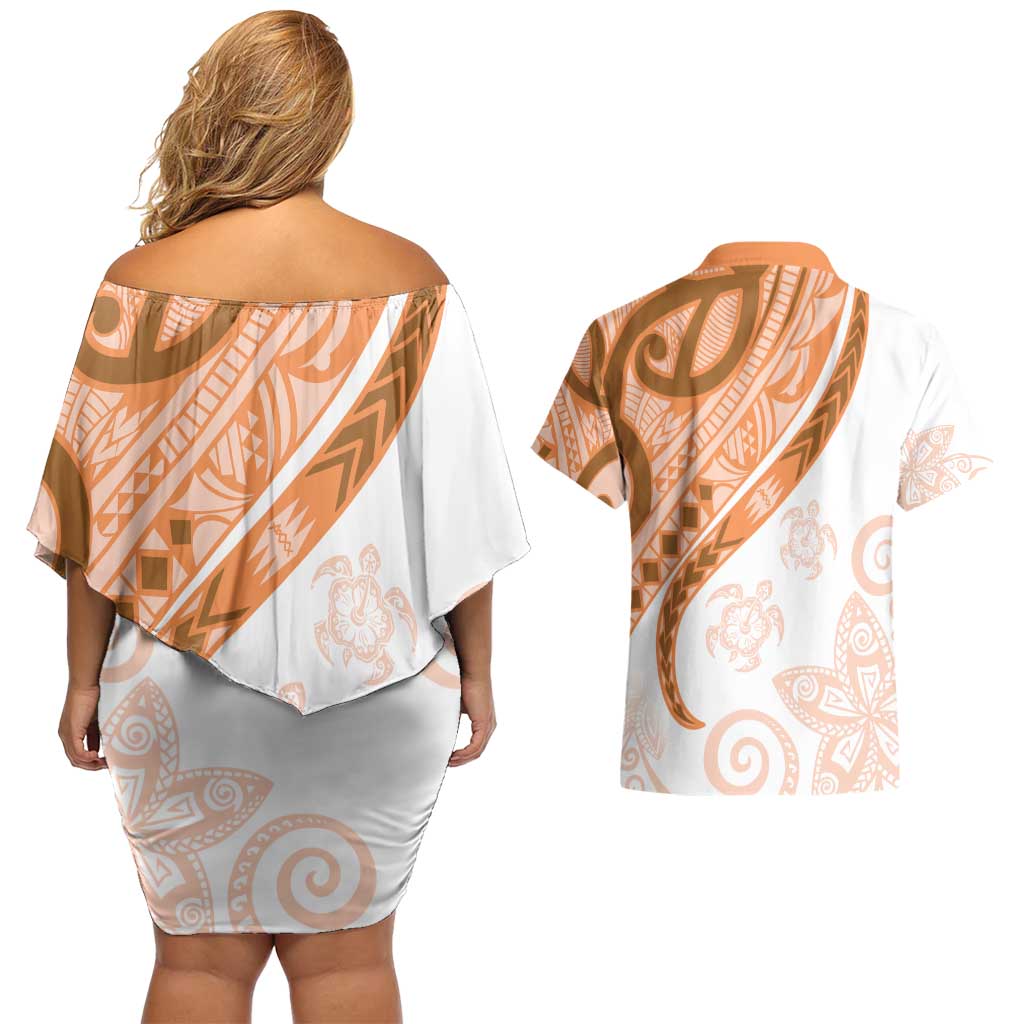 Orange Polynesian Tribal Turtle Floral Pattern Couples Matching Off Shoulder Short Dress and Hawaiian Shirt LT05 - Polynesian Pride
