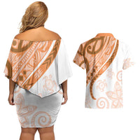 Orange Polynesian Tribal Turtle Floral Pattern Couples Matching Off Shoulder Short Dress and Hawaiian Shirt LT05 - Polynesian Pride