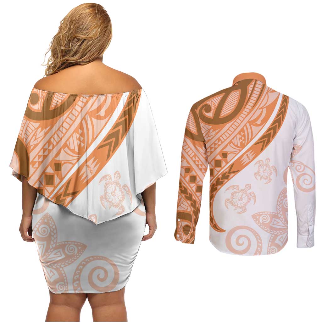Orange Polynesian Tribal Turtle Floral Pattern Couples Matching Off Shoulder Short Dress and Long Sleeve Button Shirt LT05 - Polynesian Pride