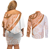Orange Polynesian Tribal Turtle Floral Pattern Couples Matching Off Shoulder Short Dress and Long Sleeve Button Shirt LT05 - Polynesian Pride