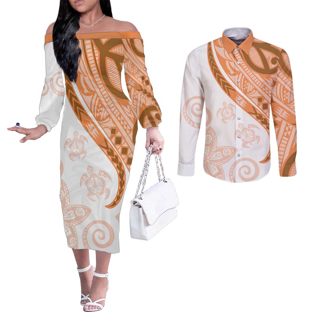 Orange Polynesian Tribal Turtle Floral Pattern Couples Matching Off The Shoulder Long Sleeve Dress and Long Sleeve Button Shirt LT05 Orange - Polynesian Pride