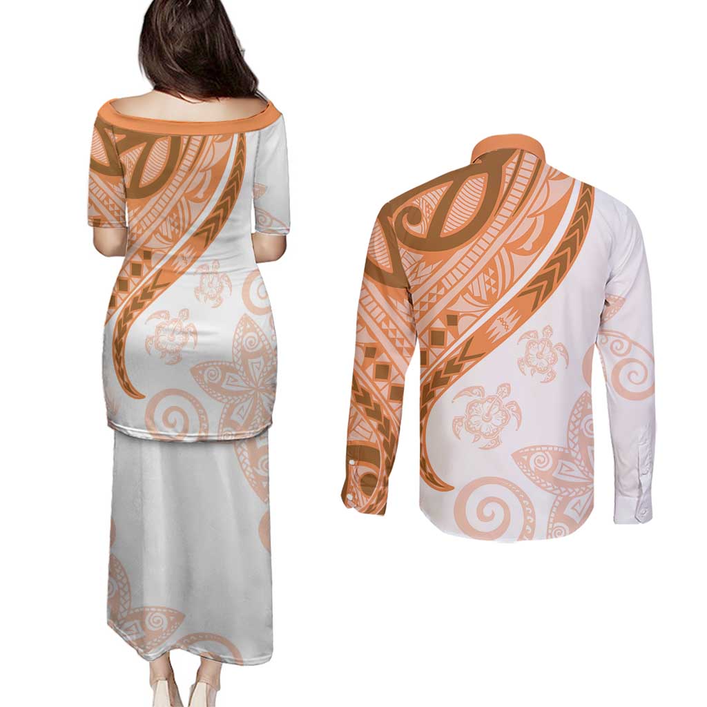 Orange Polynesian Tribal Turtle Floral Pattern Couples Matching Puletasi and Long Sleeve Button Shirt LT05 - Polynesian Pride