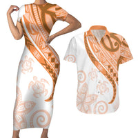 Orange Polynesian Tribal Turtle Floral Pattern Couples Matching Short Sleeve Bodycon Dress and Hawaiian Shirt LT05 Orange - Polynesian Pride