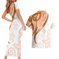 Orange Polynesian Tribal Turtle Floral Pattern Couples Matching Short Sleeve Bodycon Dress and Hawaiian Shirt LT05 - Polynesian Pride