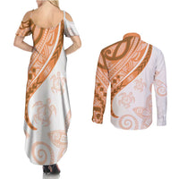 Orange Polynesian Tribal Turtle Floral Pattern Couples Matching Summer Maxi Dress and Long Sleeve Button Shirt LT05 - Polynesian Pride