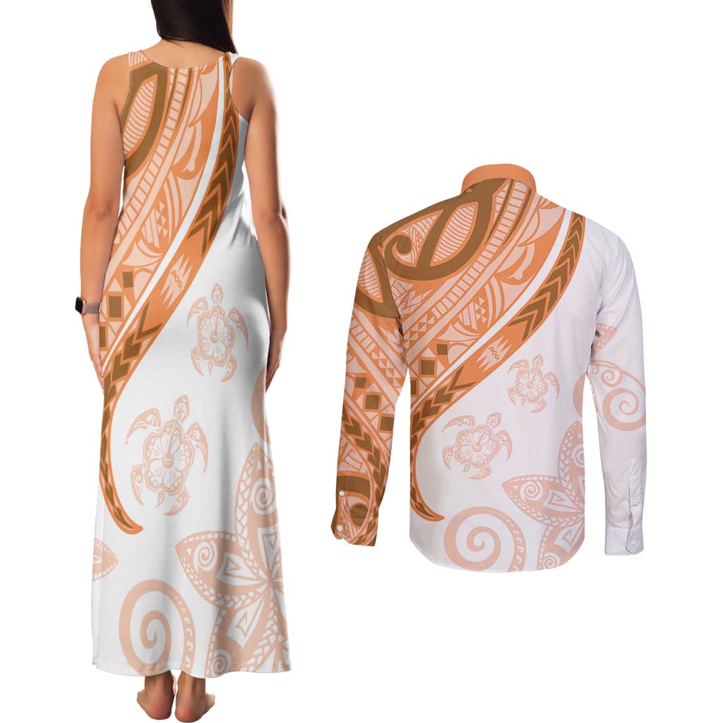 Orange Polynesian Tribal Turtle Floral Pattern Couples Matching Tank Maxi Dress and Long Sleeve Button Shirt LT05 - Polynesian Pride