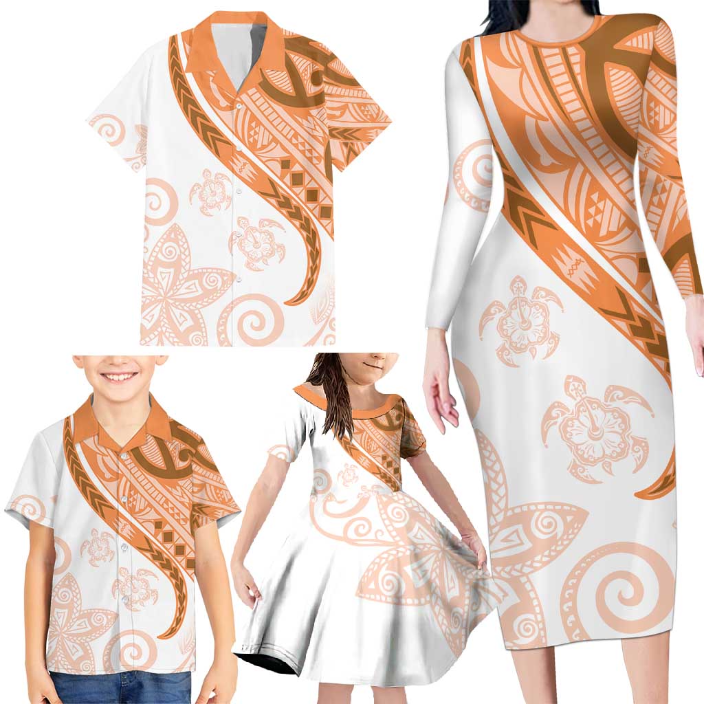 Orange Polynesian Tribal Turtle Floral Pattern Family Matching Long Sleeve Bodycon Dress and Hawaiian Shirt