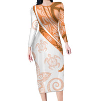 Orange Polynesian Tribal Turtle Floral Pattern Family Matching Long Sleeve Bodycon Dress and Hawaiian Shirt