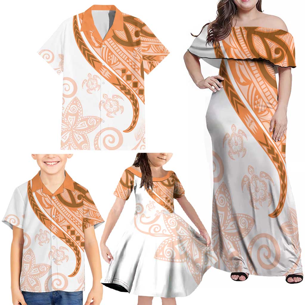 Orange Polynesian Tribal Turtle Floral Pattern Family Matching Off Shoulder Maxi Dress and Hawaiian Shirt