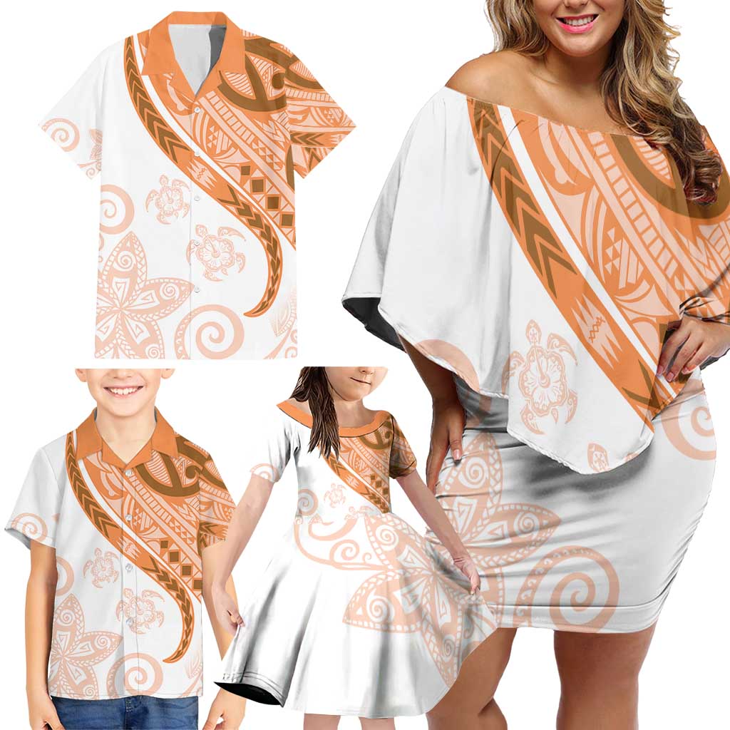 Orange Polynesian Tribal Turtle Floral Pattern Family Matching Off Shoulder Short Dress and Hawaiian Shirt