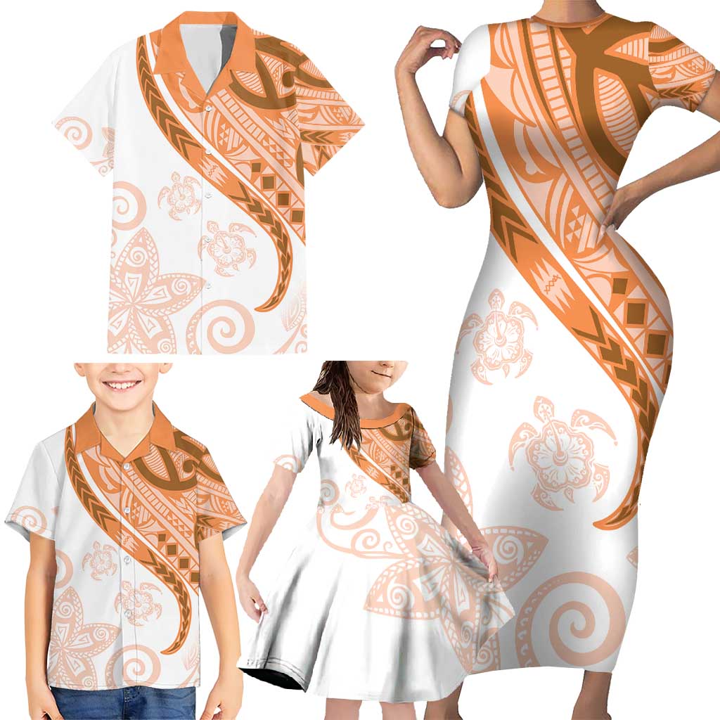 Orange Polynesian Tribal Turtle Floral Pattern Family Matching Short Sleeve Bodycon Dress and Hawaiian Shirt