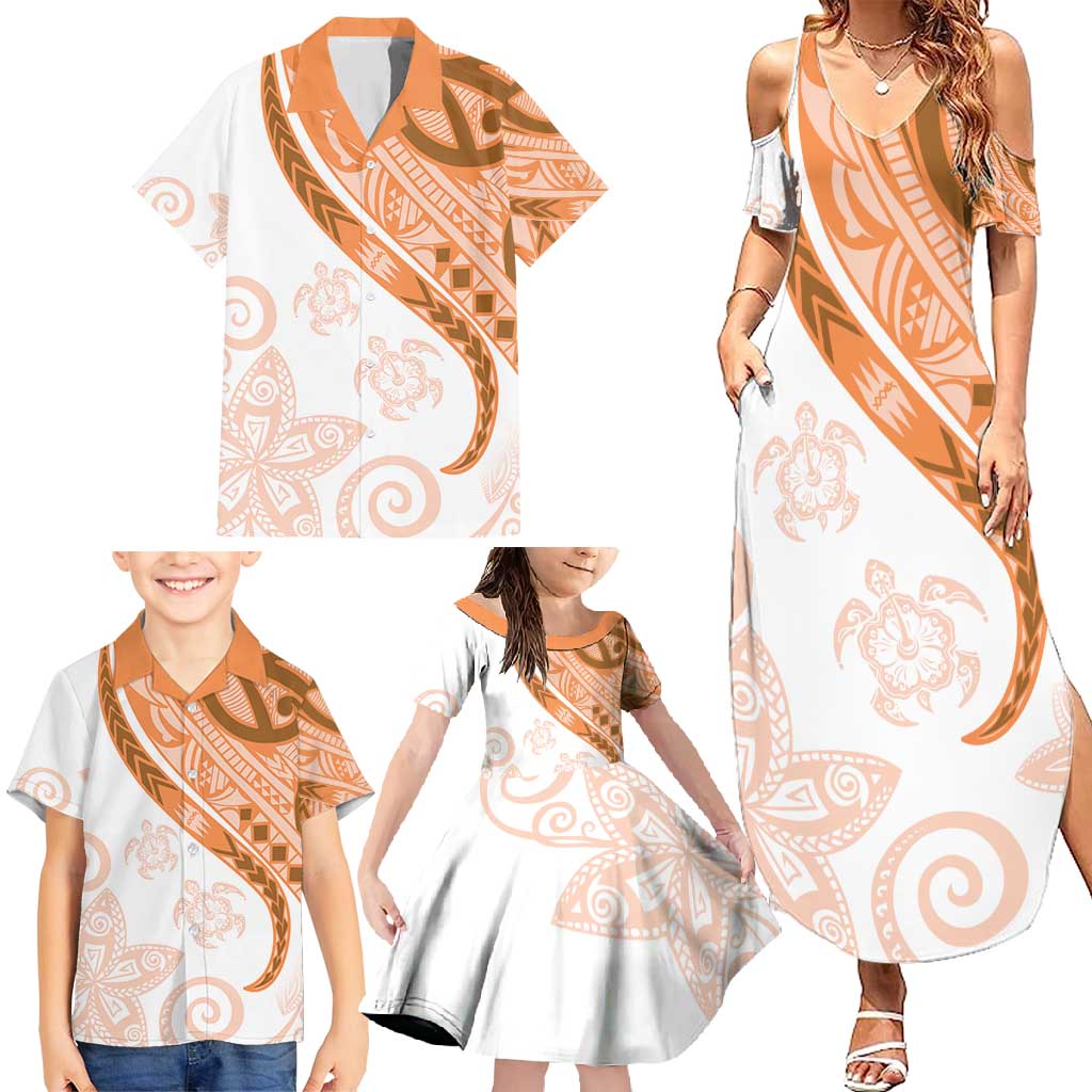 Orange Polynesian Tribal Turtle Floral Pattern Family Matching Summer Maxi Dress and Hawaiian Shirt