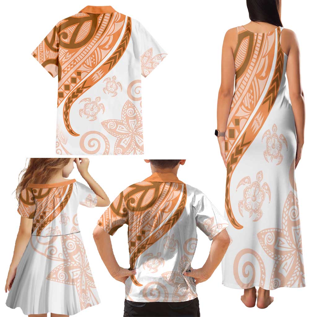 Orange Polynesian Tribal Turtle Floral Pattern Family Matching Tank Maxi Dress and Hawaiian Shirt