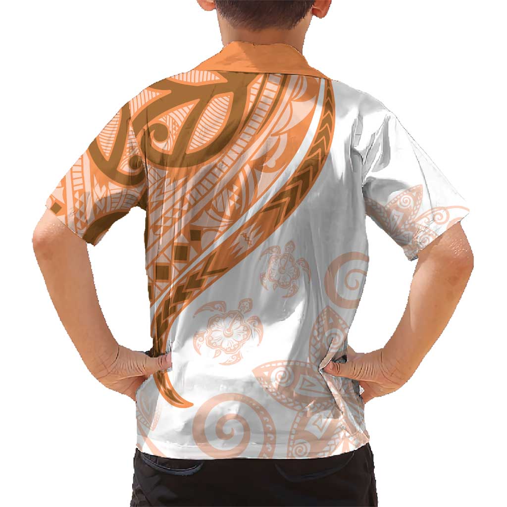 Orange Polynesian Tribal Turtle Floral Pattern Kid Hawaiian Shirt